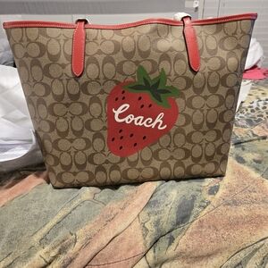 Coach Signature Brown Tote with Red and Green Strawberry Design